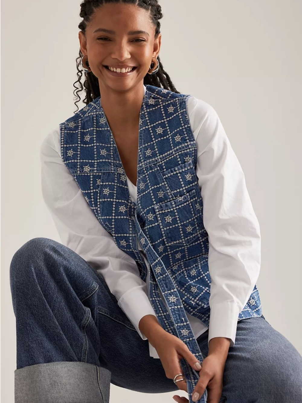 Damsom Madder Embroidered Tie-Front Denim Vest - Picture 2 of 8